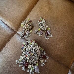 Multicolor Crystal Floral Drop Earrings and Matching Pendant Set